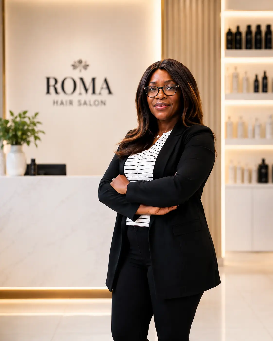 "Professional hair salon owner at Roma Hair Salon in Rome, Italy, providing expert hair styling, braiding, wigs, and beauty services."